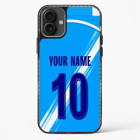 Phone case with blue design, number 10, and customizable text on a white background