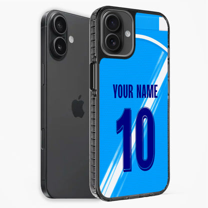 Phone case with blue design and customizable text on a white background