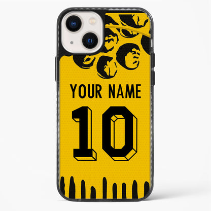 Phone case with yellow background, black text, and design elements on a white background