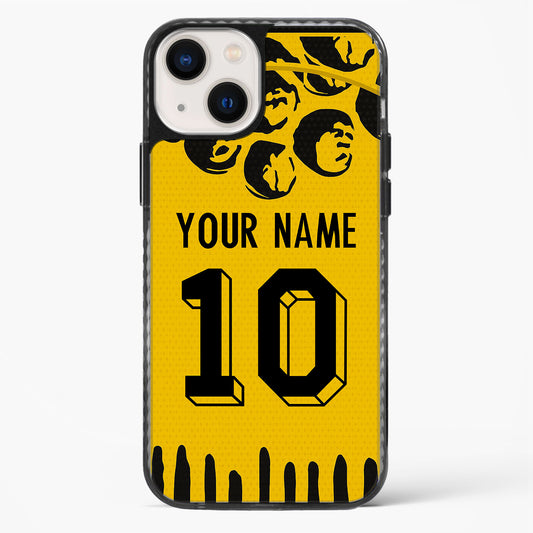 Phone case with yellow background, black text, and design elements on a white background