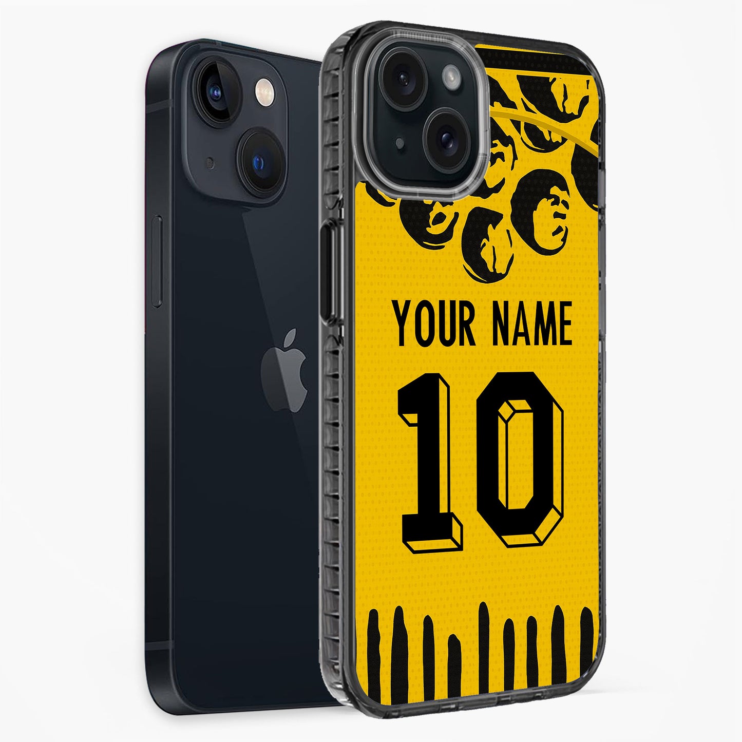 Phone case with yellow background, black text, and Apple logo