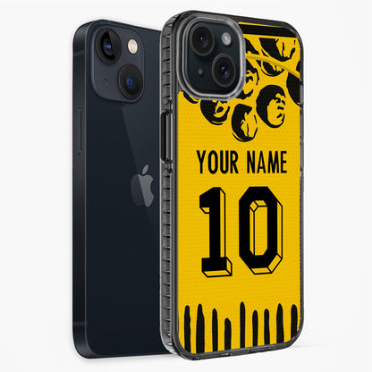 Phone case with yellow background, black text, and Apple logo