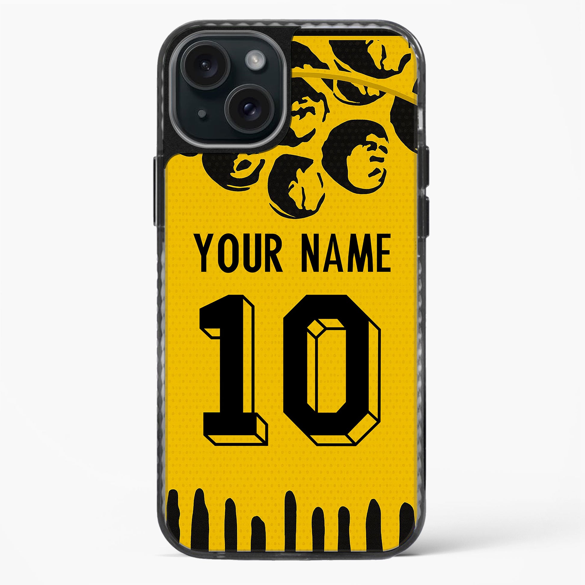 Phone case with yellow background, black text, and design elements on a white background