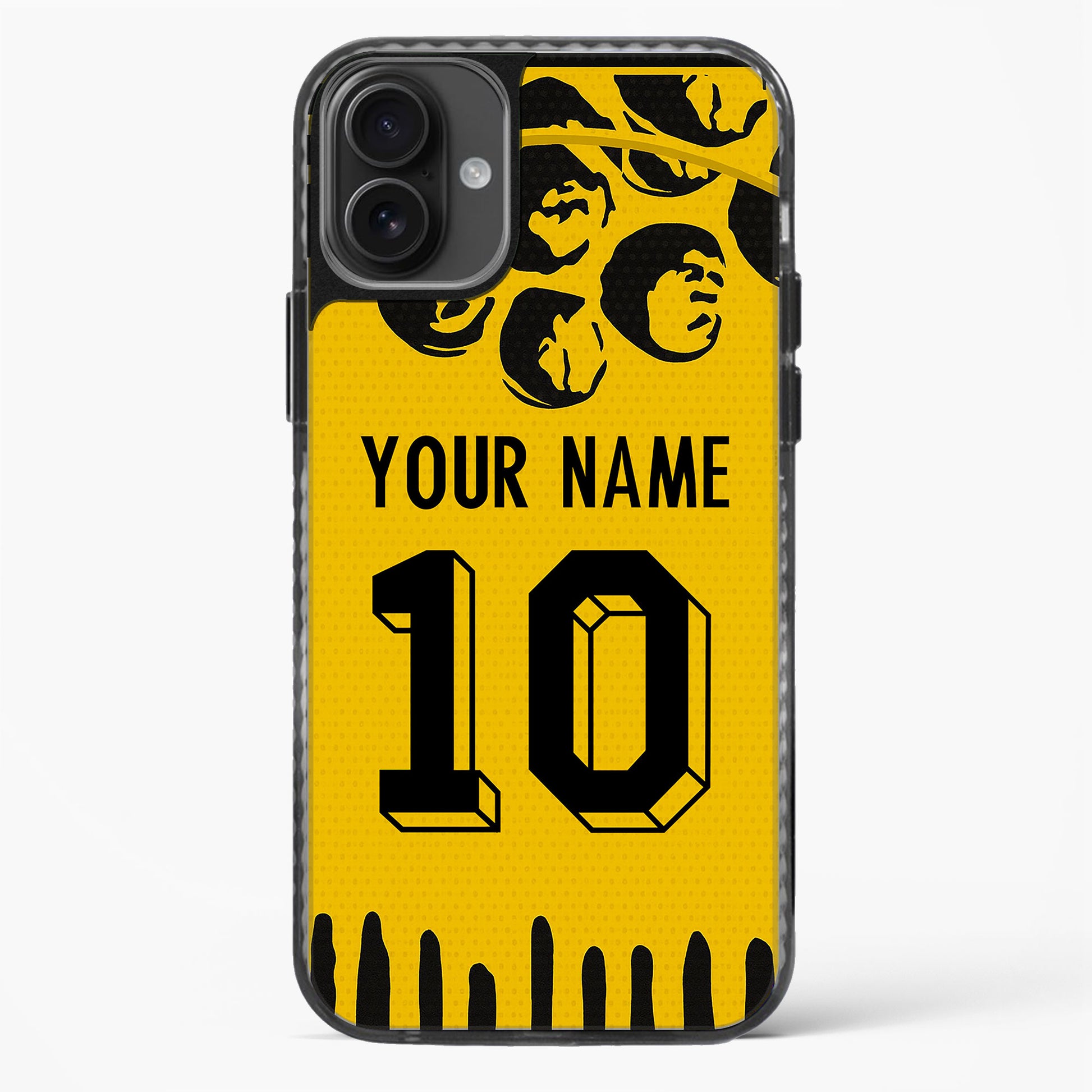 Phone case with yellow background, black text, and design elements on a white background