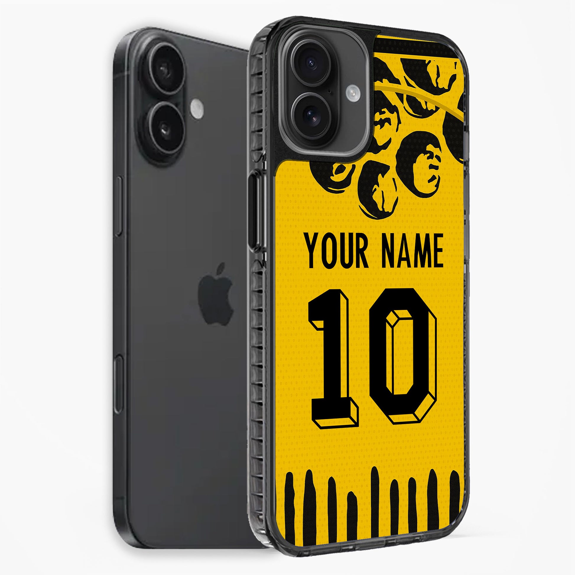 Phone case with yellow background, black text, and Apple logo