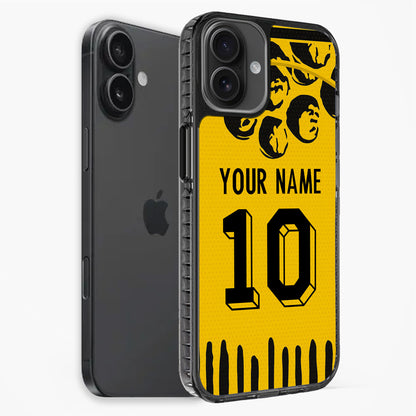 Phone case with yellow background, black text, and Apple logo