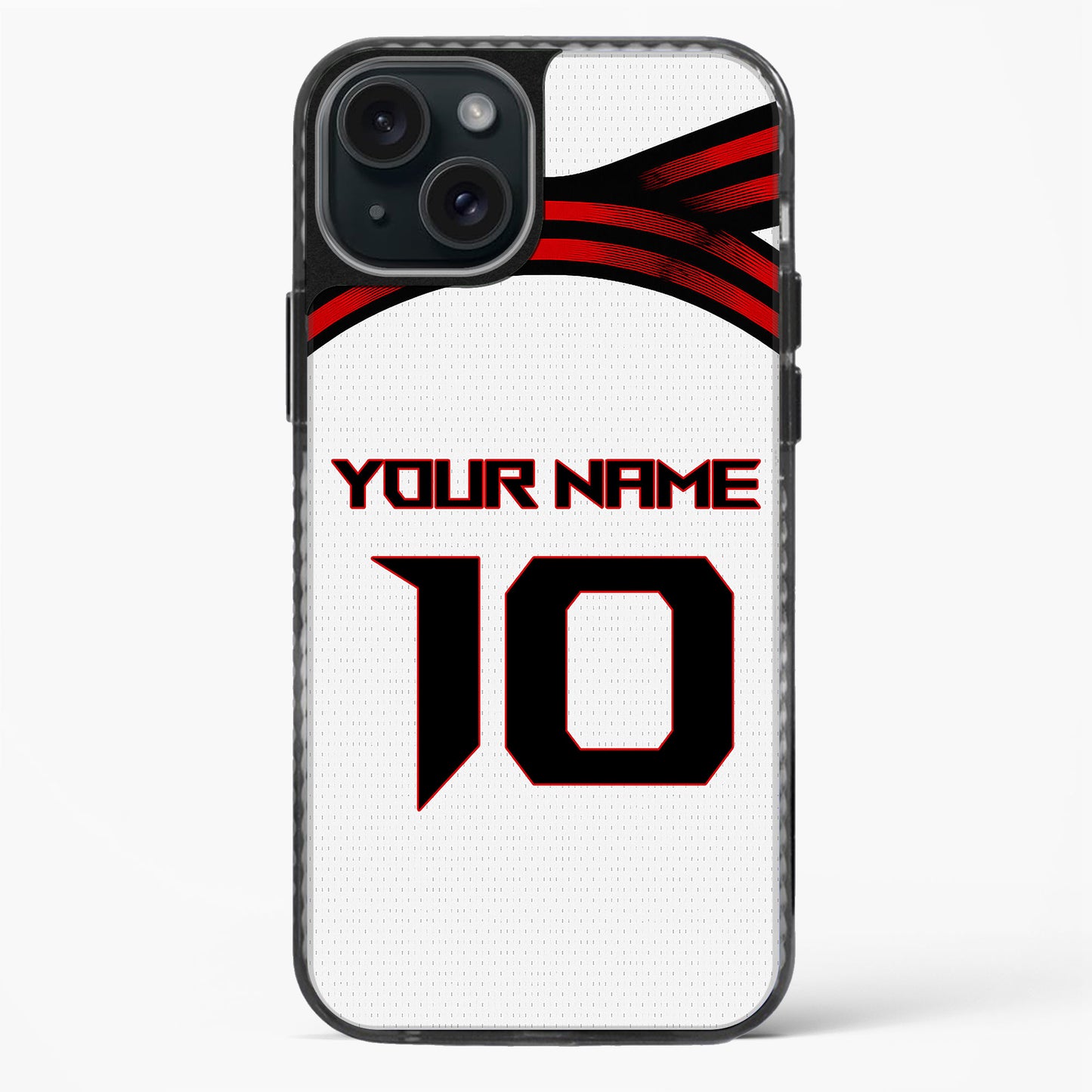 Phone case with customizable text on a white background