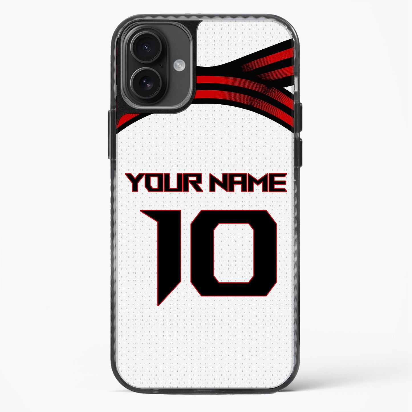 Phone case with customizable text on a white background