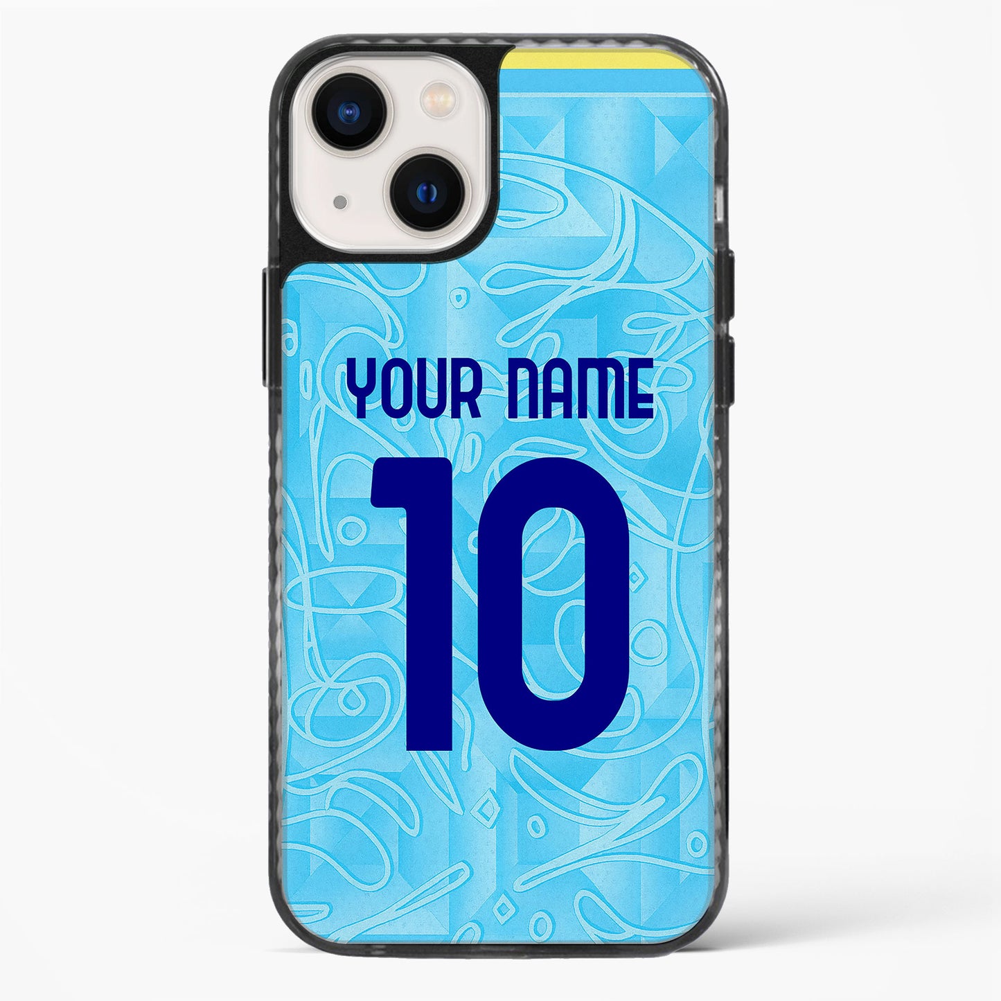 Phone case with blue design and customizable text on a white background