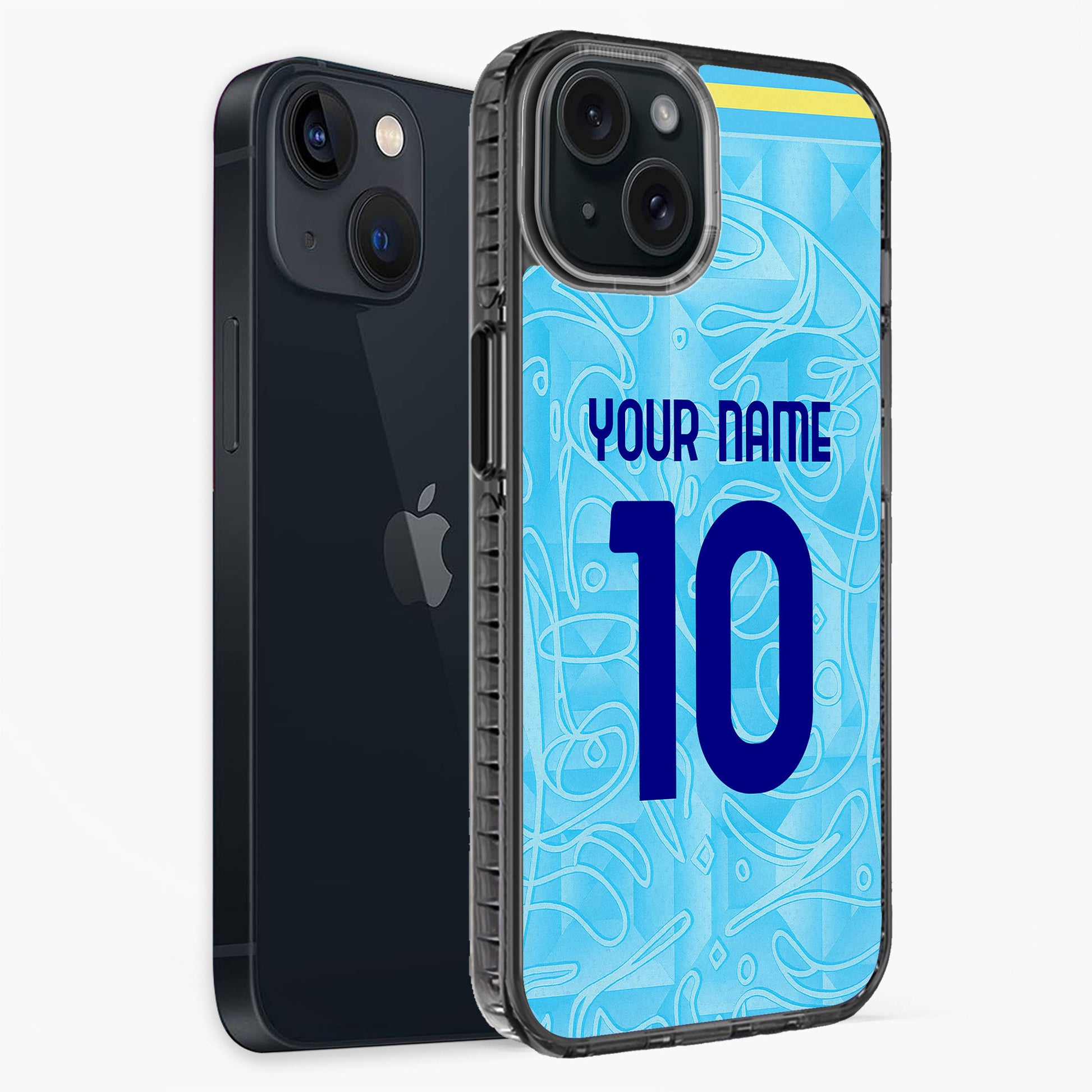 Phone case with blue design and customizable text on a white background