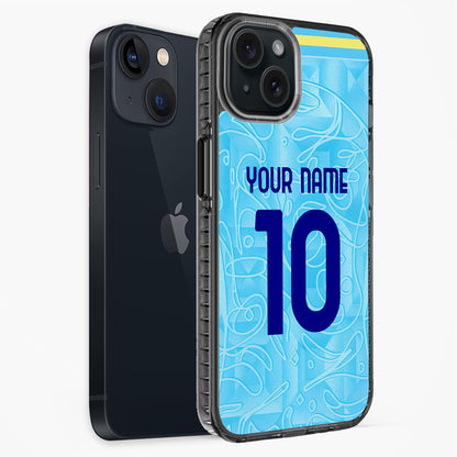 Phone case with blue design and customizable text on a white background