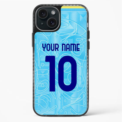 Phone case with blue design and customizable text on a white background