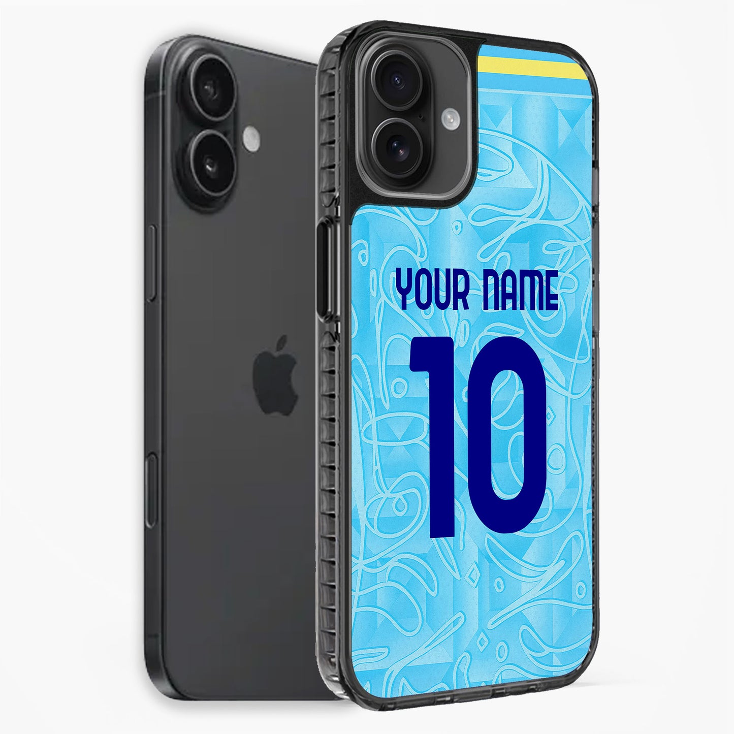 Phone case with blue design and customizable text on a white background
