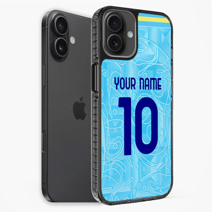 Phone case with blue design and customizable text on a white background