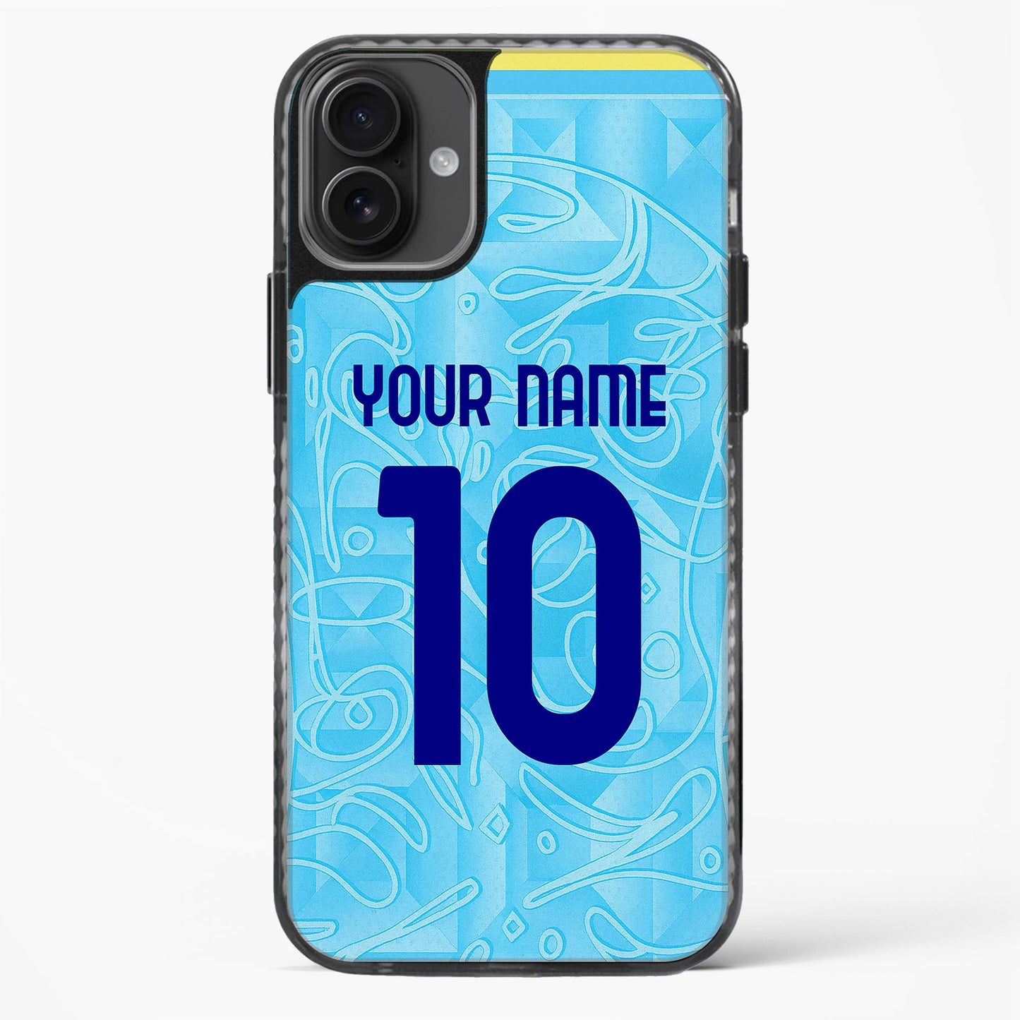 Phone case with blue design and customizable text on a white background