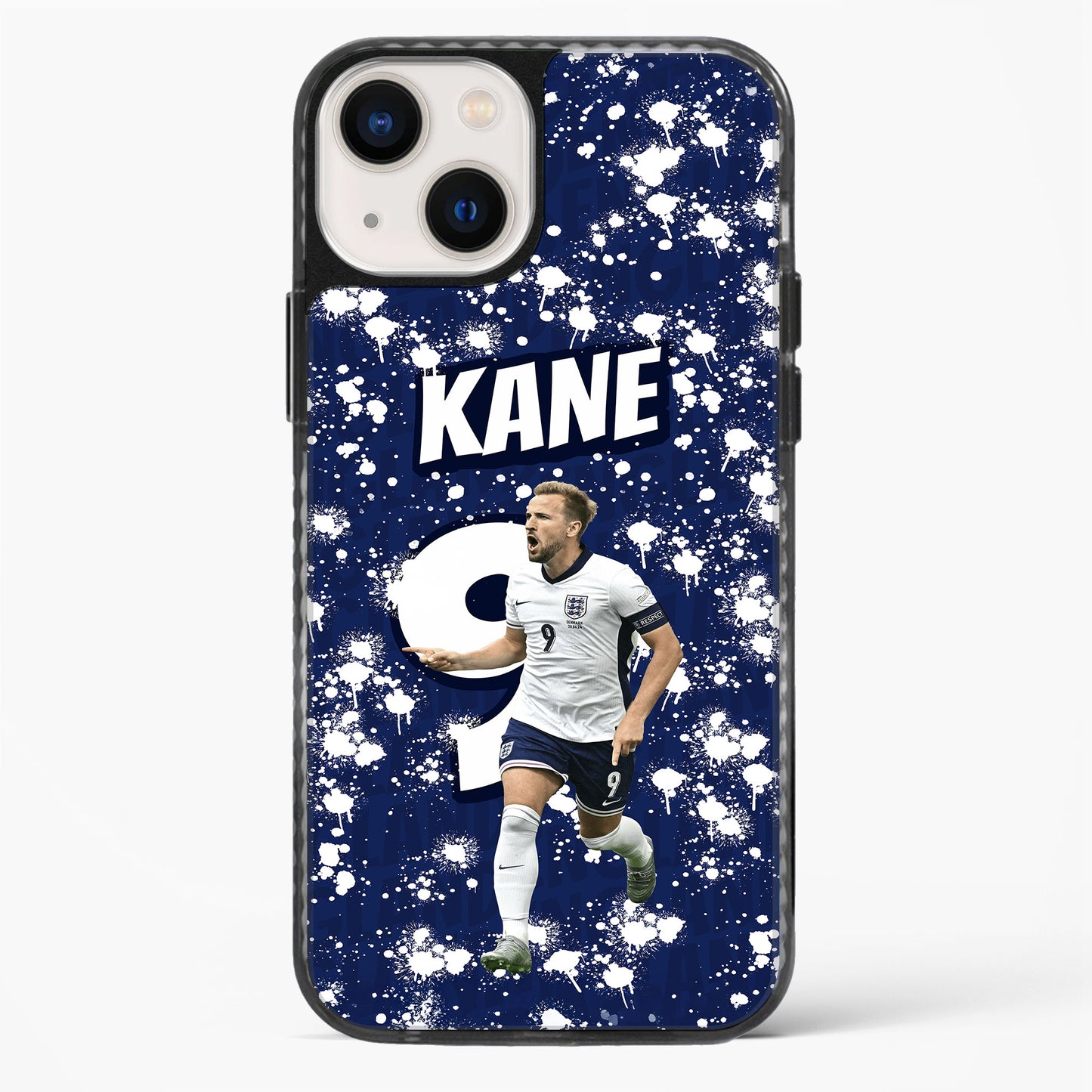 Phone case with a soccer player in a white jersey on a blue background