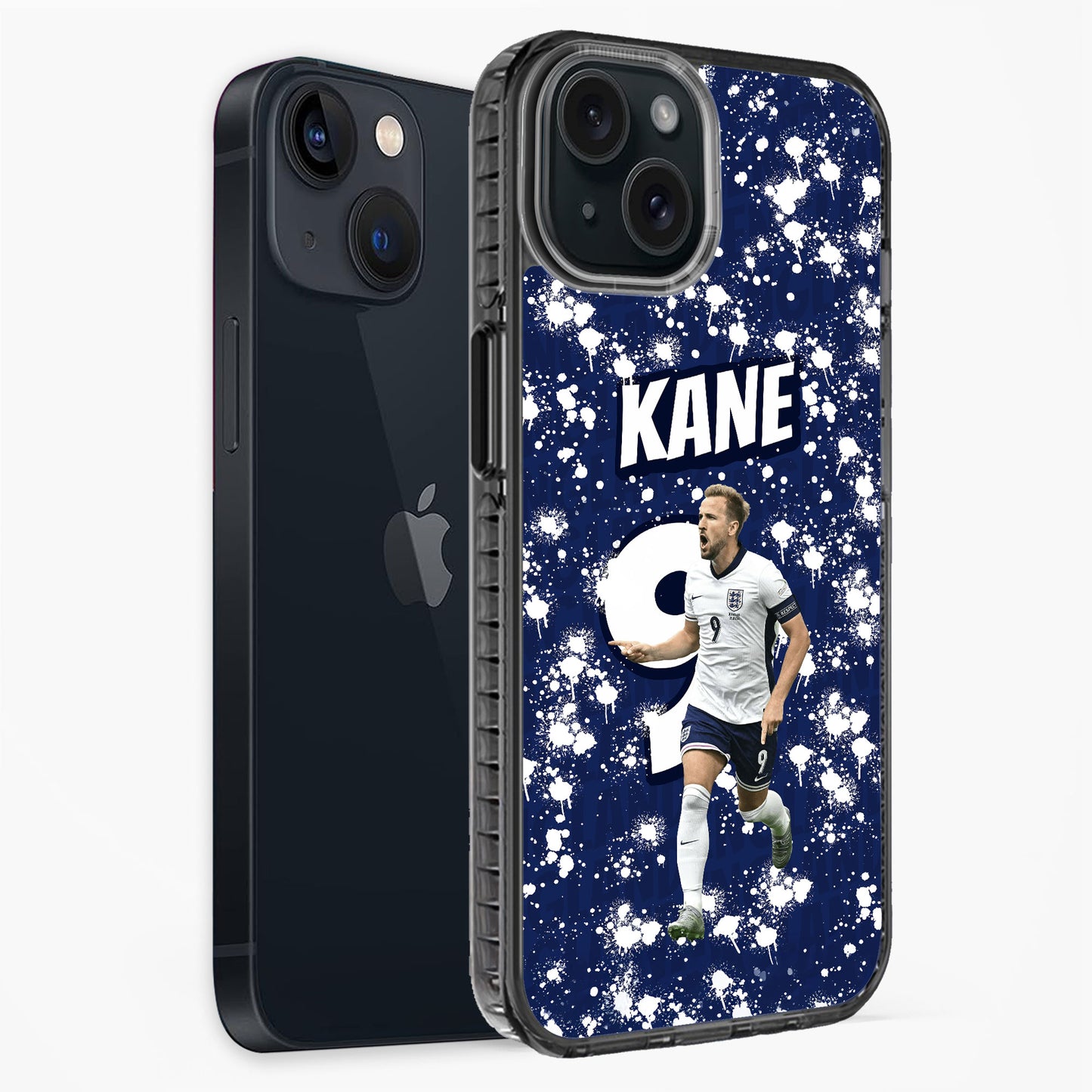 Phone case with a soccer player design and 'Kane' text on a blue background