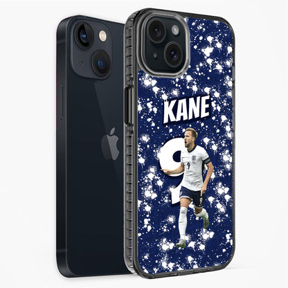 Phone case with a soccer player design and 'Kane' text on a blue background