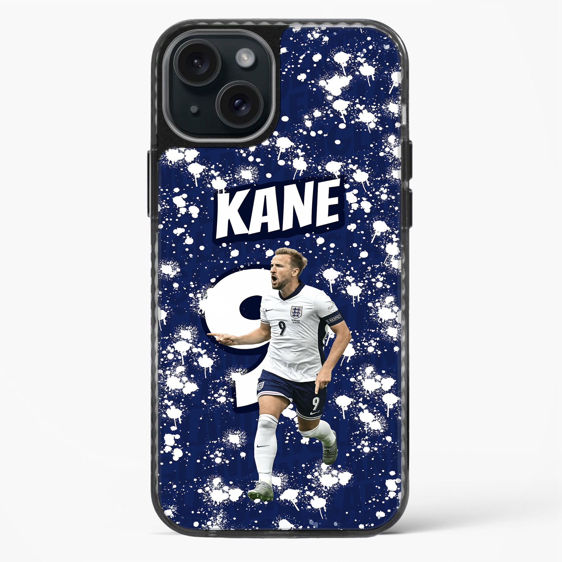 Phone case with a soccer player in a white jersey on a blue background