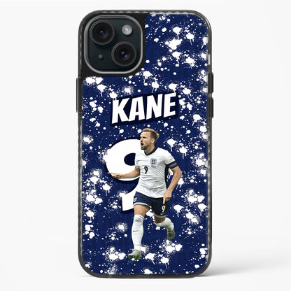 Phone case with a soccer player in a white jersey on a blue background