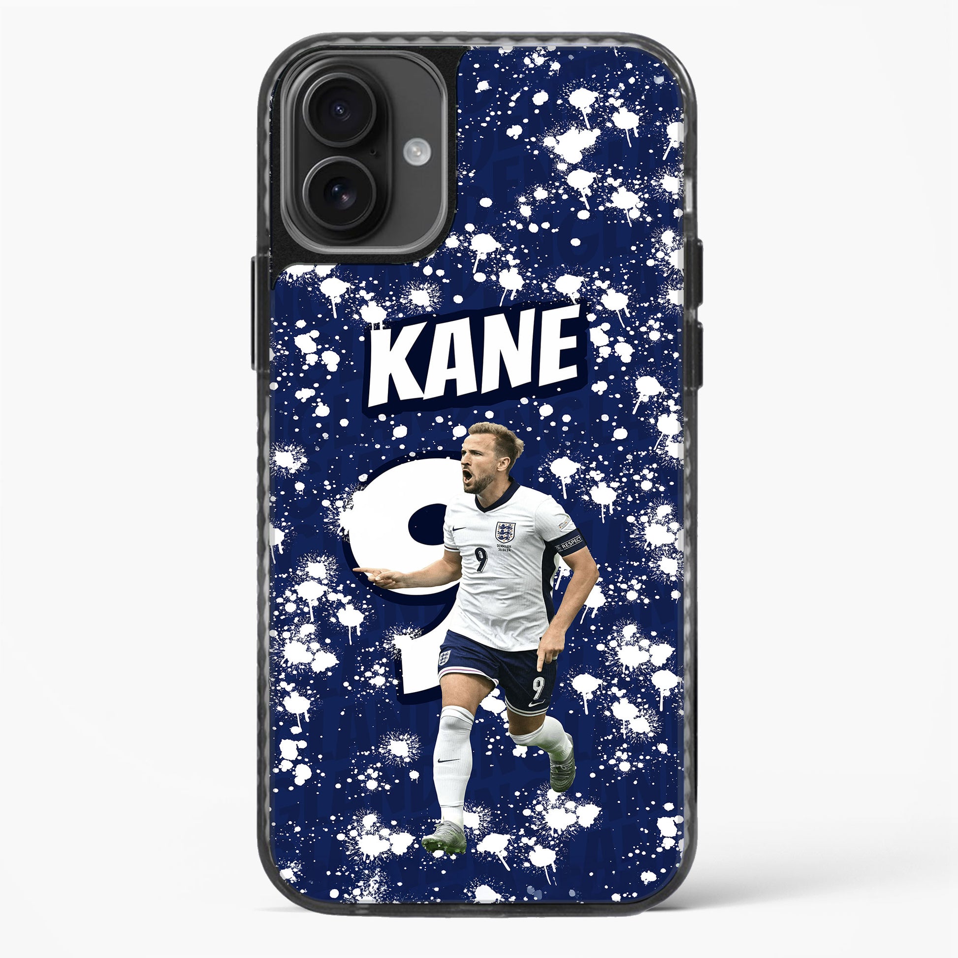 Phone case with a soccer player in a white jersey on a blue background