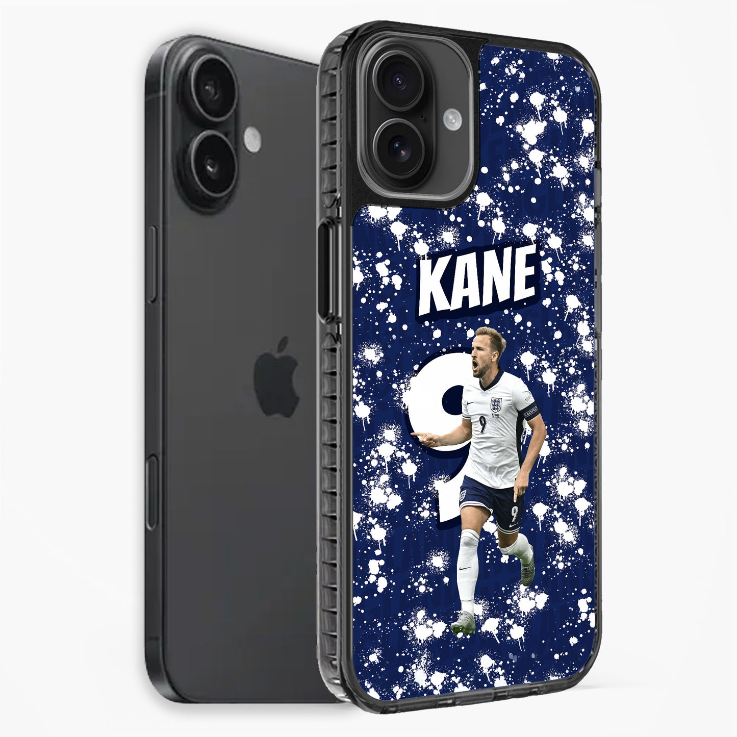 Phone case with a soccer player design and 'Kane' text on a blue background