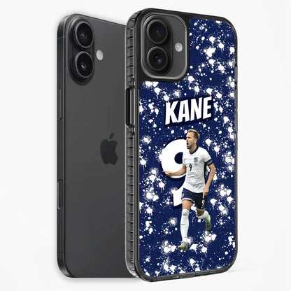 Phone case with a soccer player design and 'Kane' text on a blue background