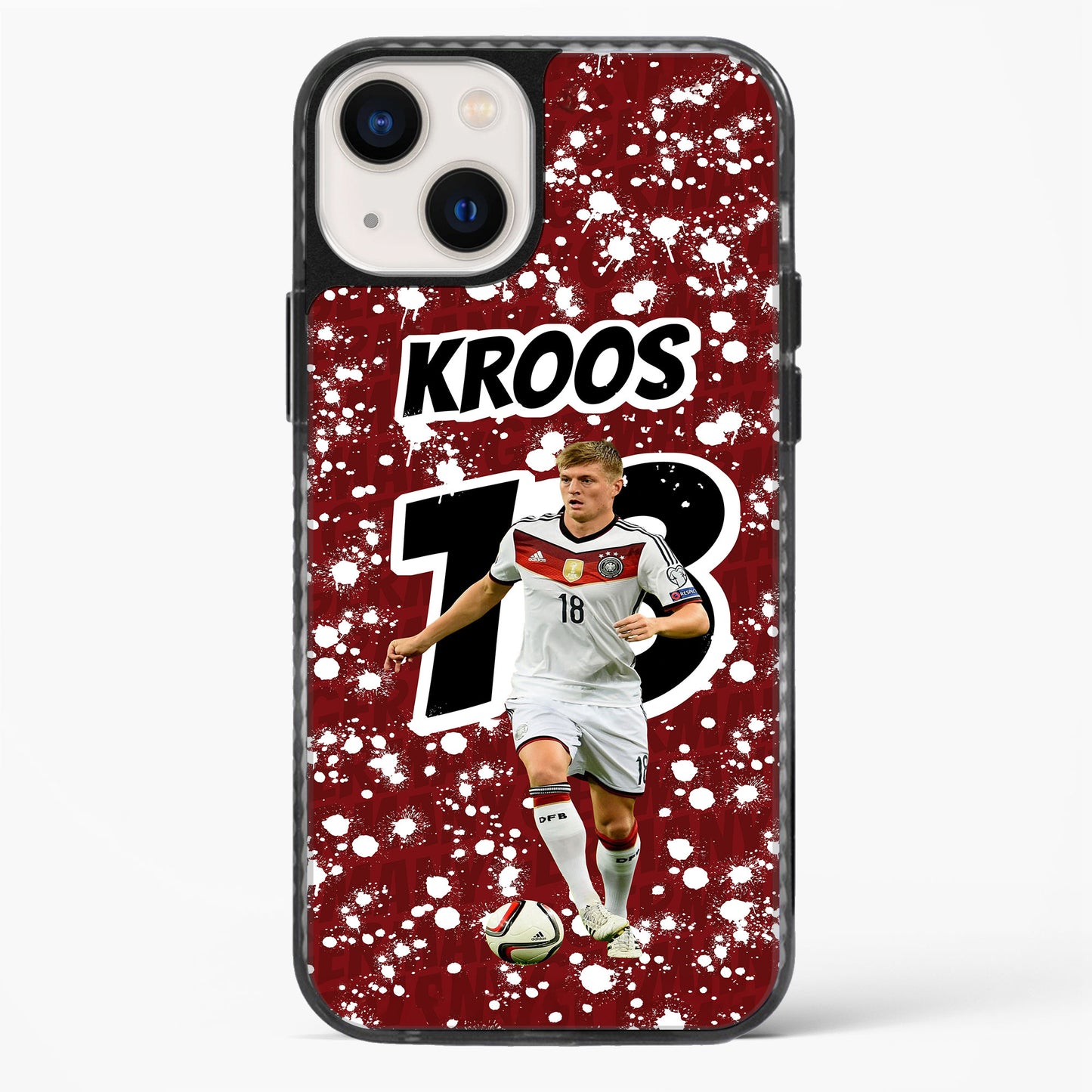 Phone case with soccer player and 'Kroos' text on a red background