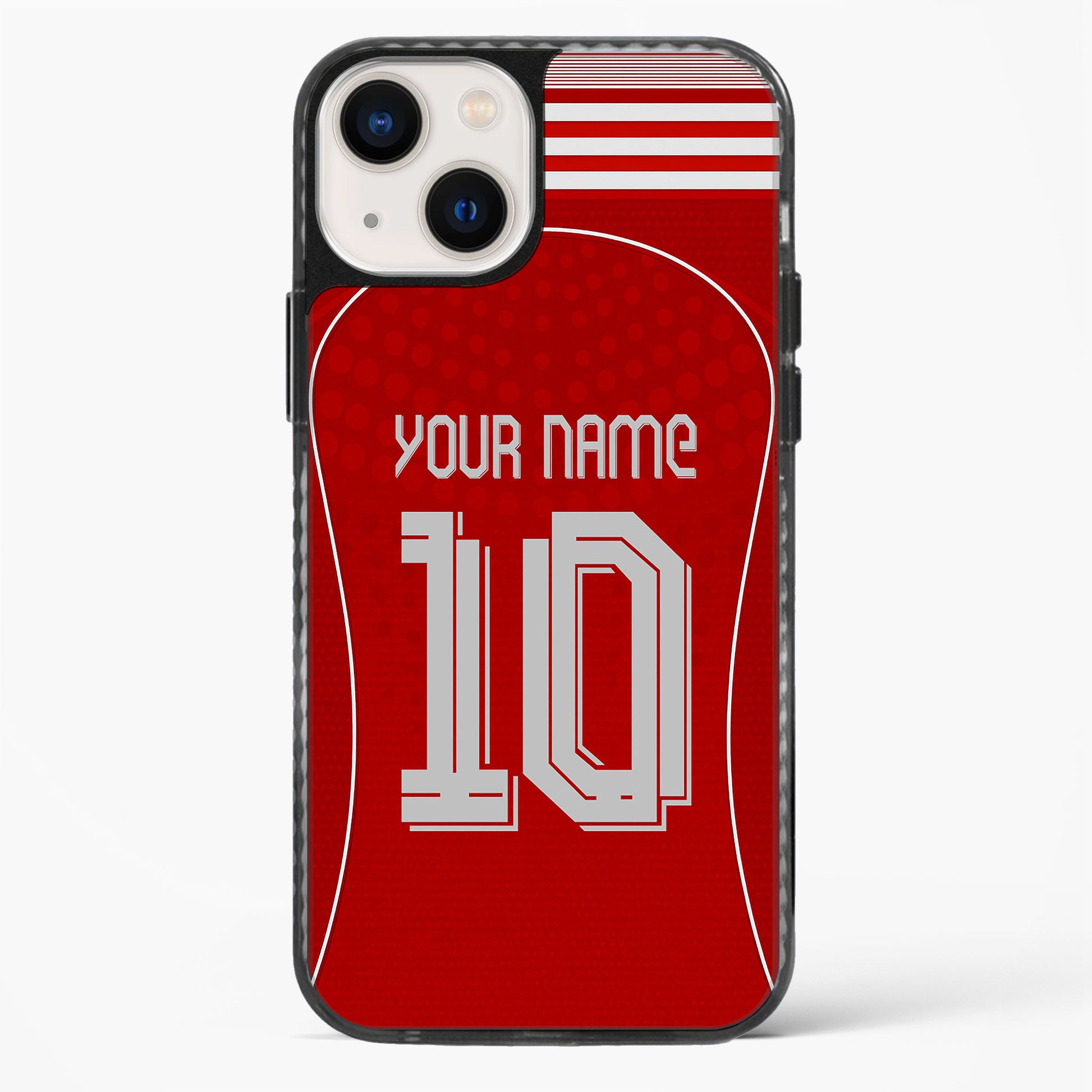 Phone case with red sports jersey design, customizable text, on a white background