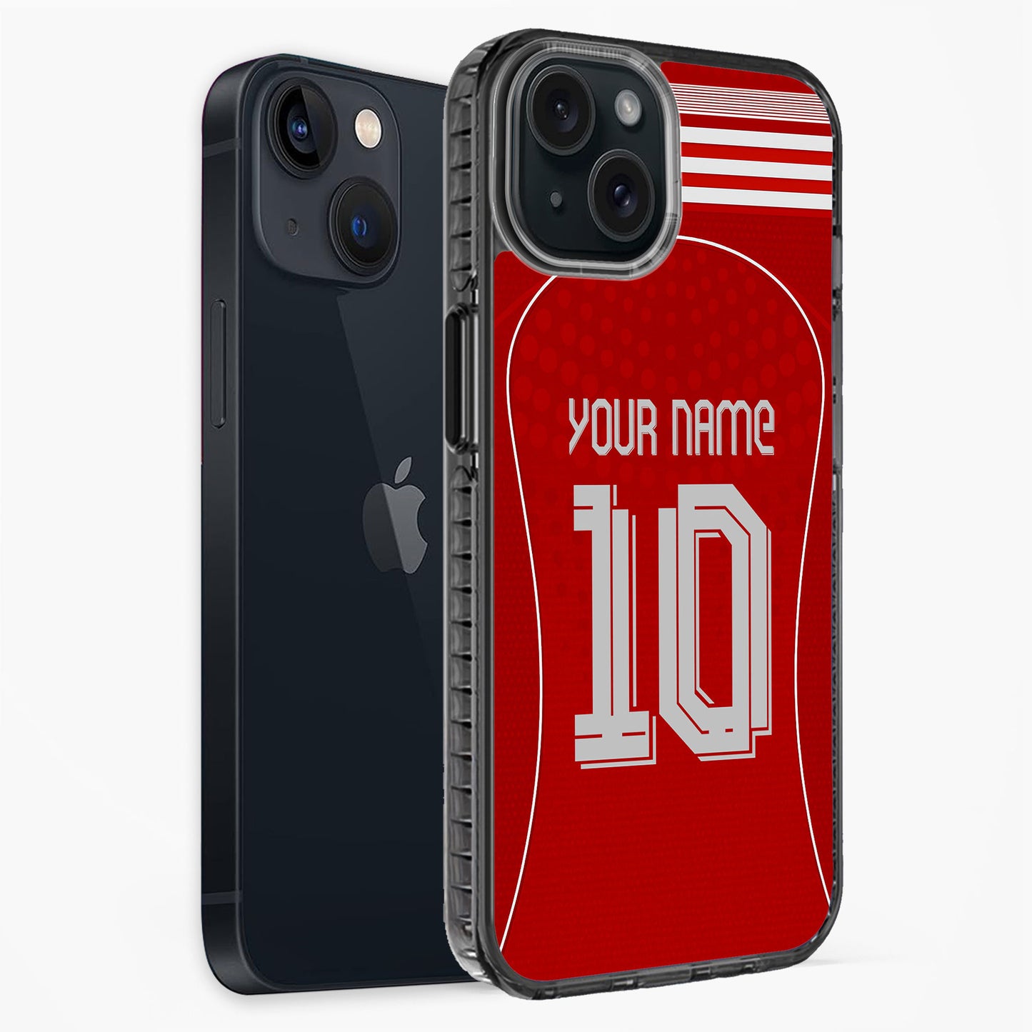Phone case with red sports design and customizable text, next to a black phone case.