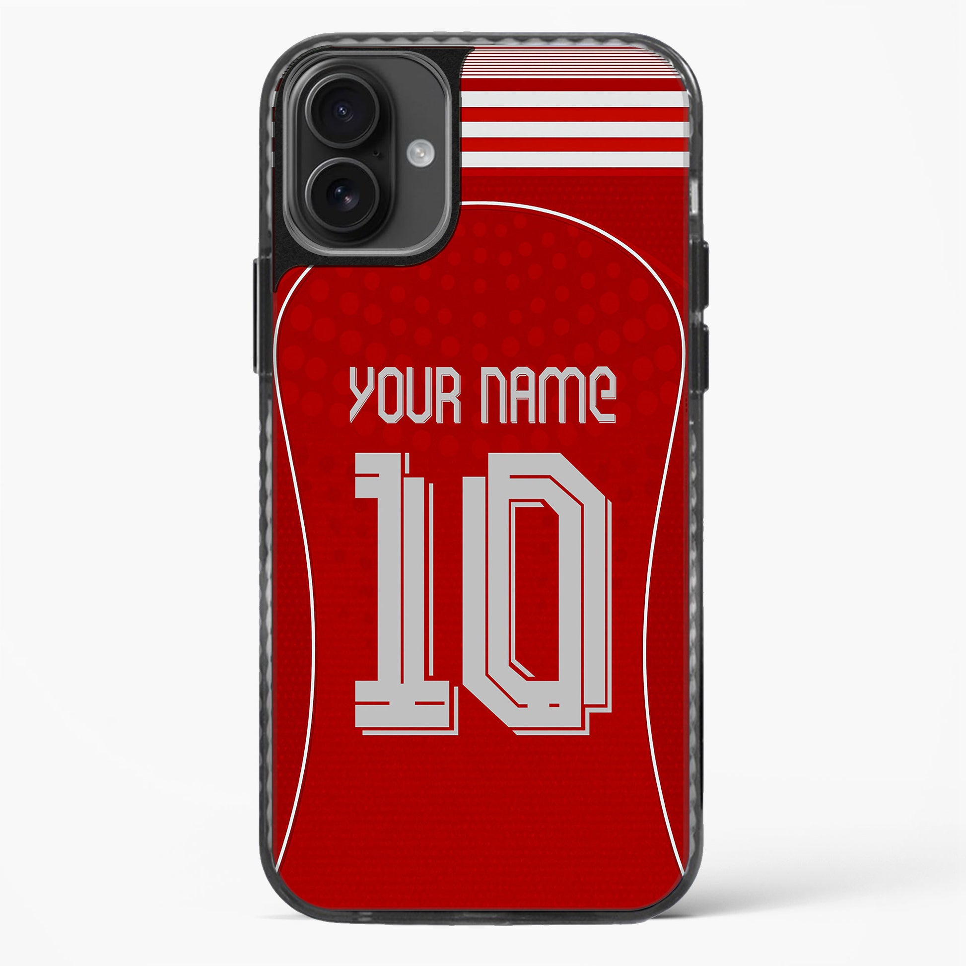 Phone case with red background, white text, and black border