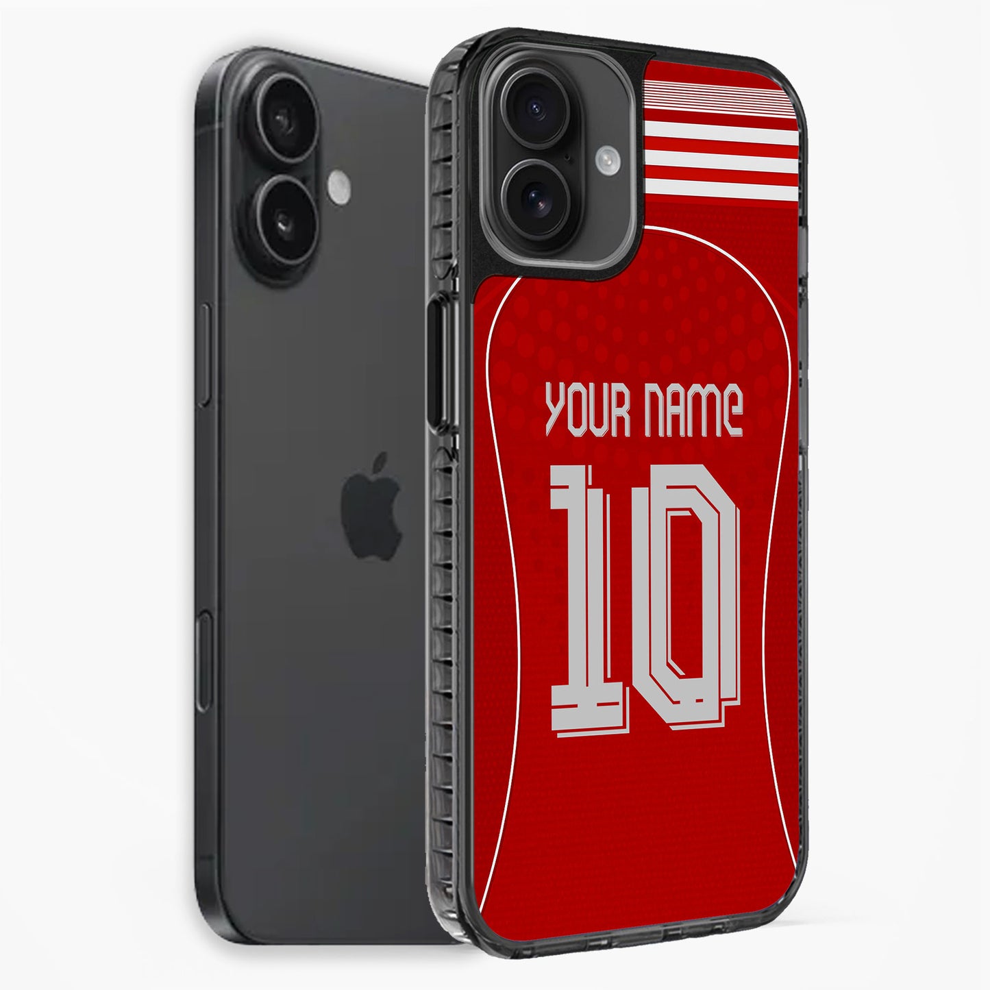 Phone case with red background, white text, and black border on a white background