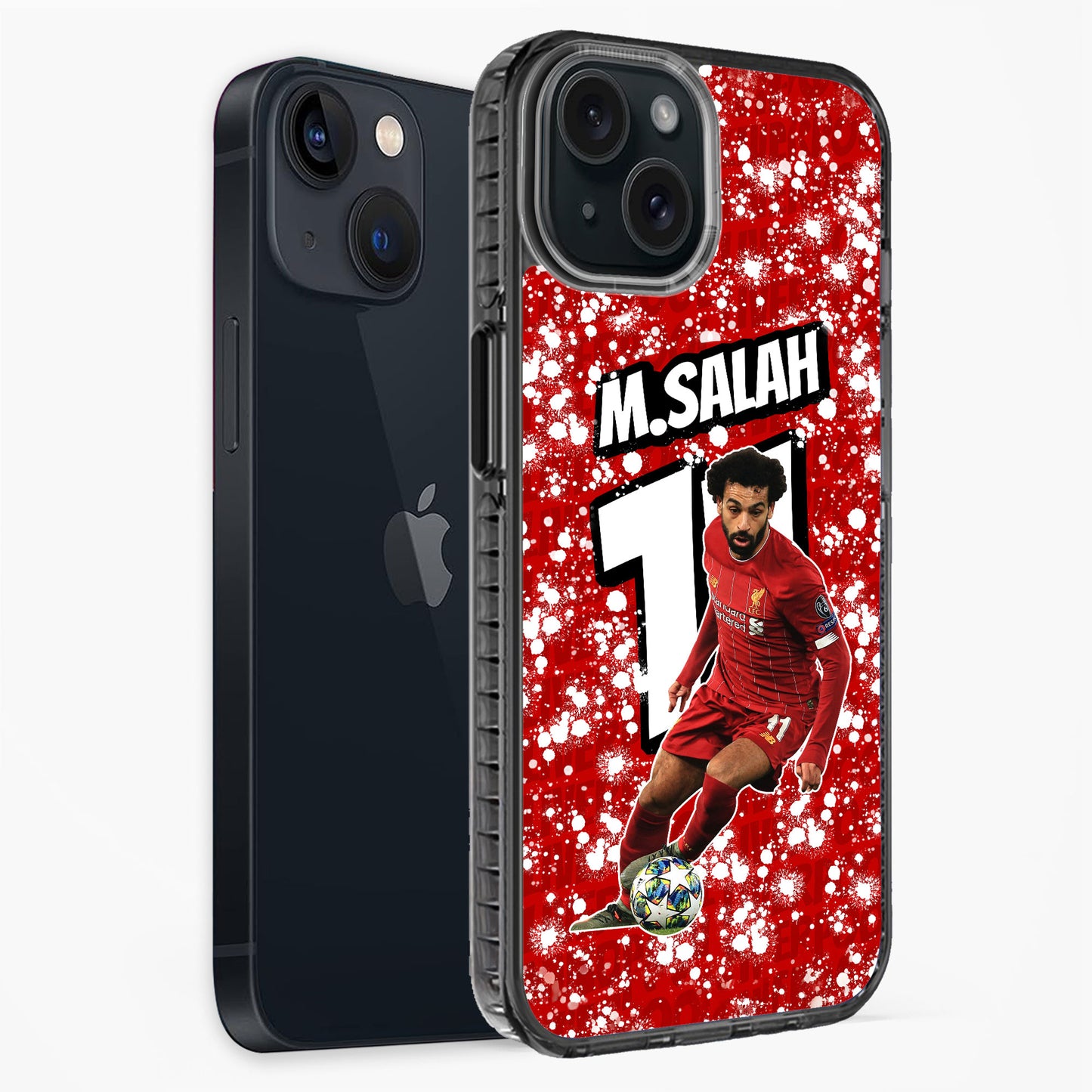 Phone case with soccer player design and 'M. Salah' text on a red background
