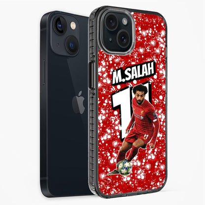 Phone case with soccer player design and 'M. Salah' text on a red background