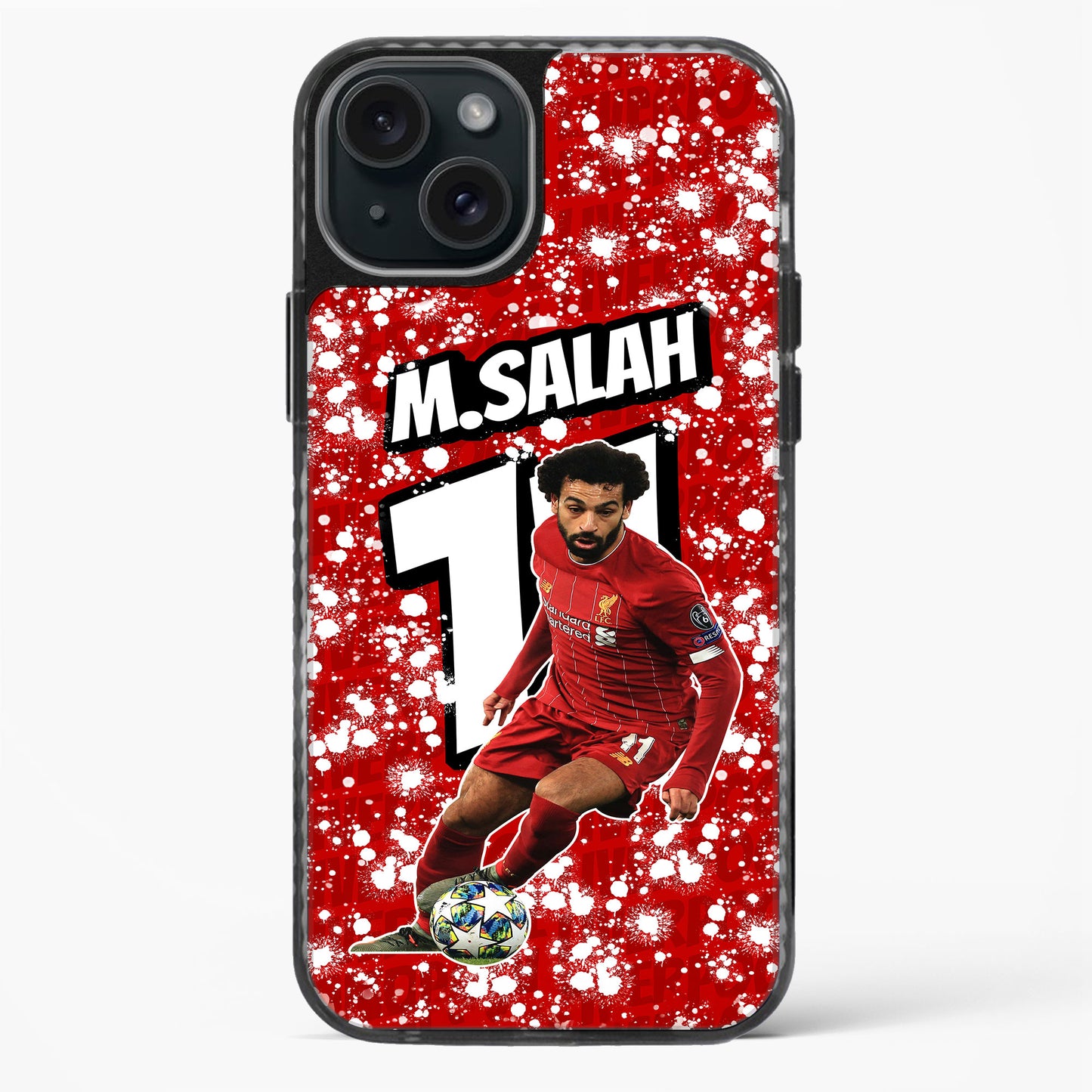Phone case with a soccer player in a red jersey on a red background