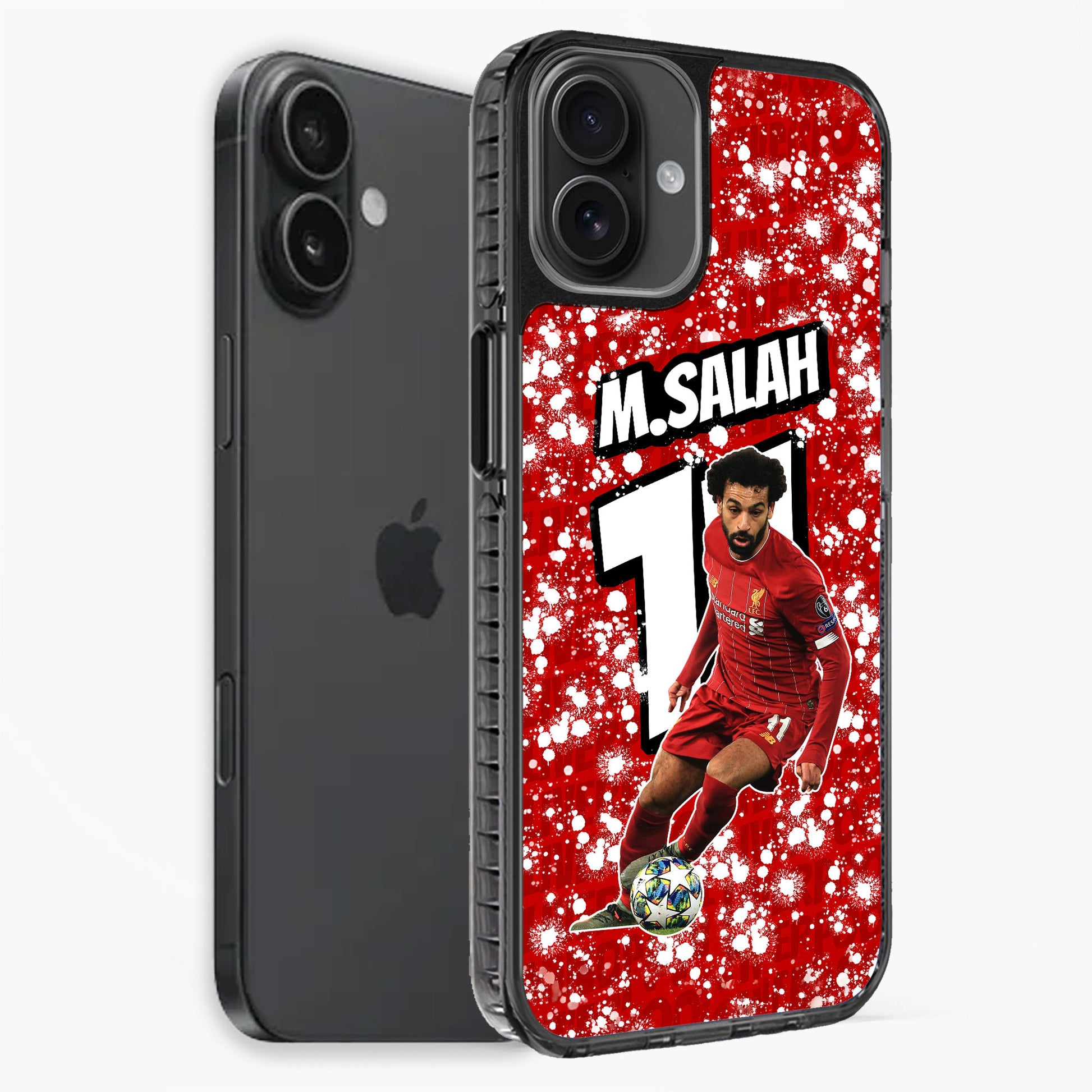 Phone case with soccer player design and 'M. Salah' text on a red background