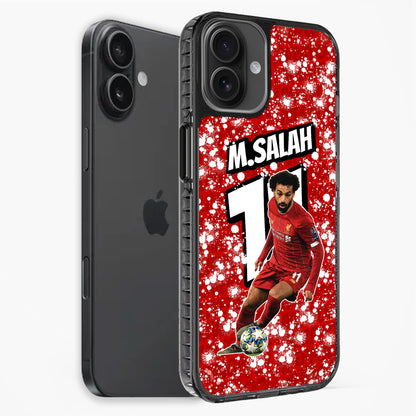 Phone case with soccer player design and 'M. Salah' text on a red background