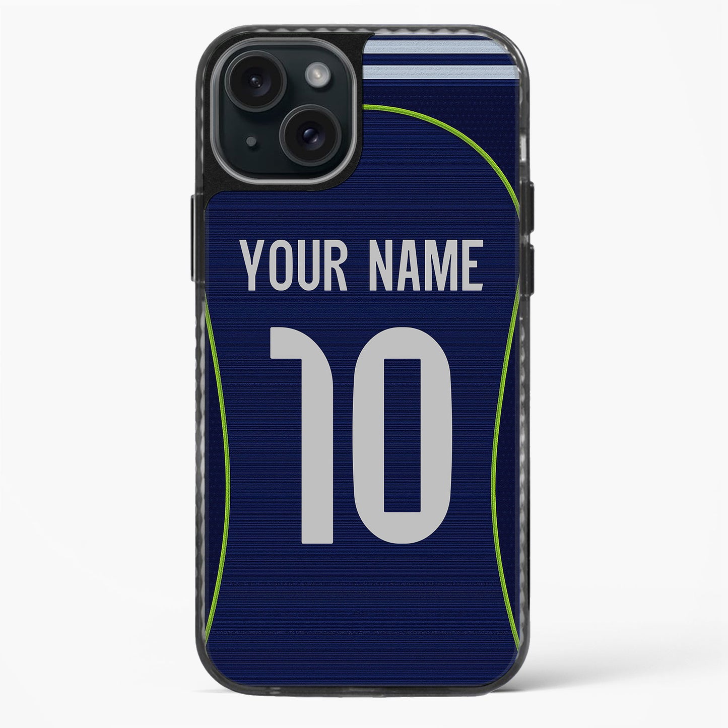 Phone case with a blue design, number 10, and customizable text on a white background