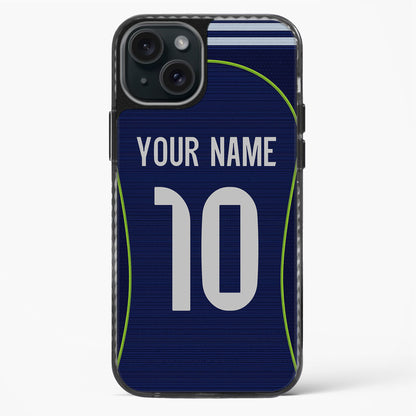 Phone case with a blue design, number 10, and customizable text on a white background