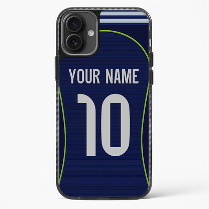 Phone case with customizable name and number on a blue background