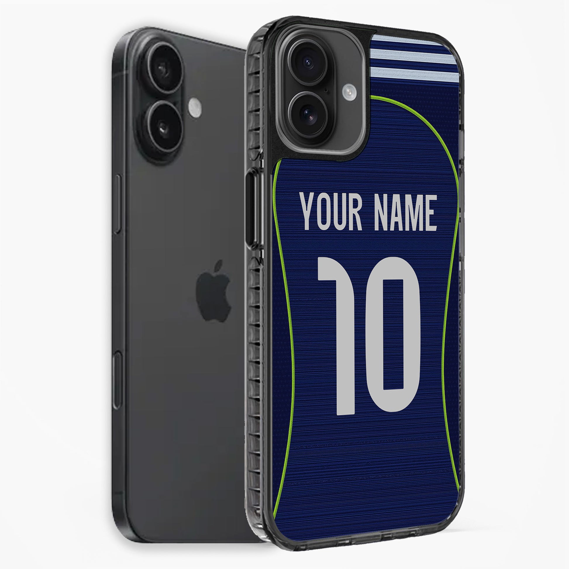 Phone case with customizable name and number on a white background