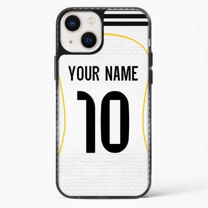 Phone case with customizable text on a white background