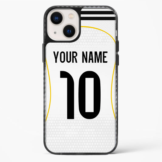 Phone case with customizable text on a white background