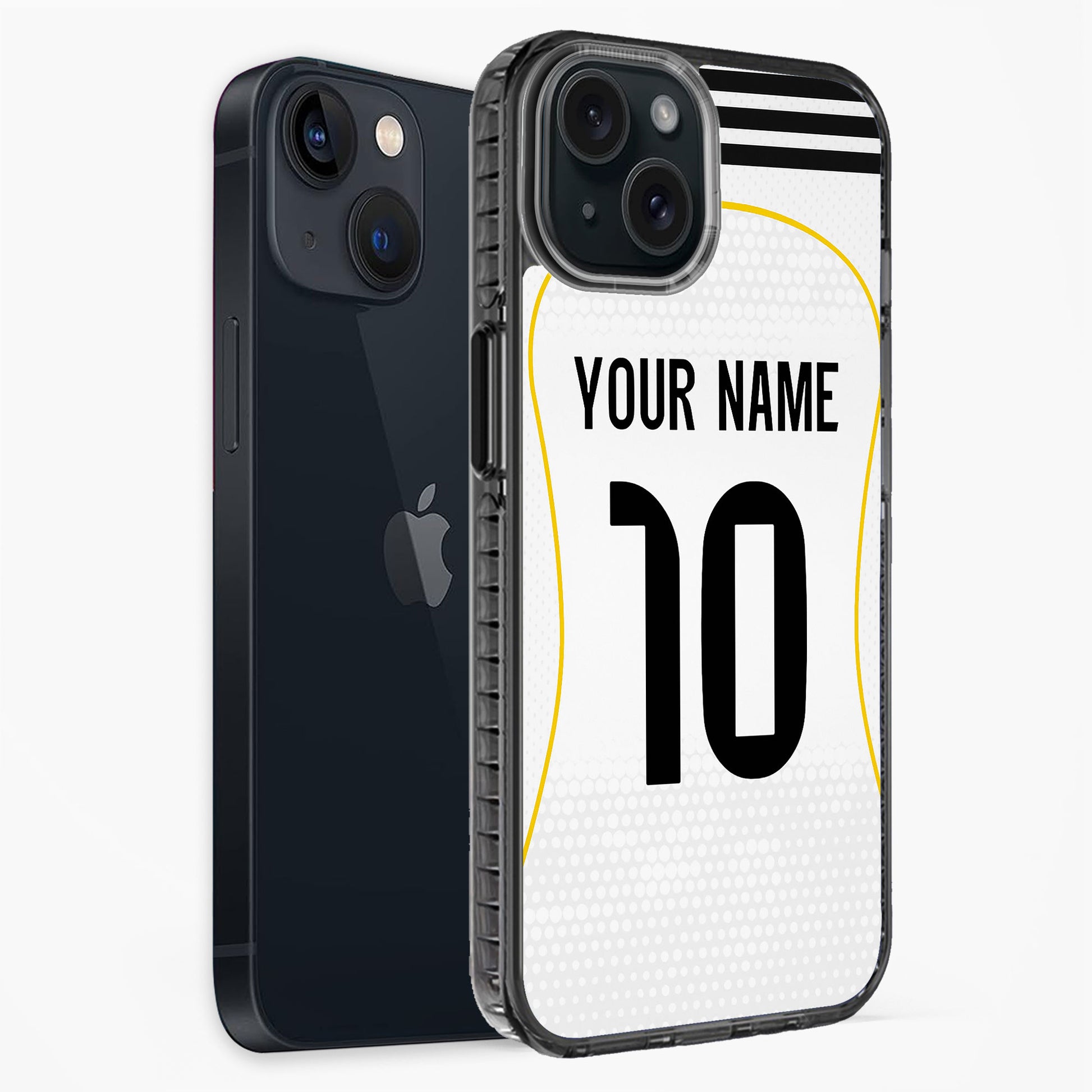 Phone case with customizable name and number design on a white background