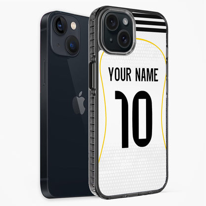 Phone case with customizable name and number design on a white background