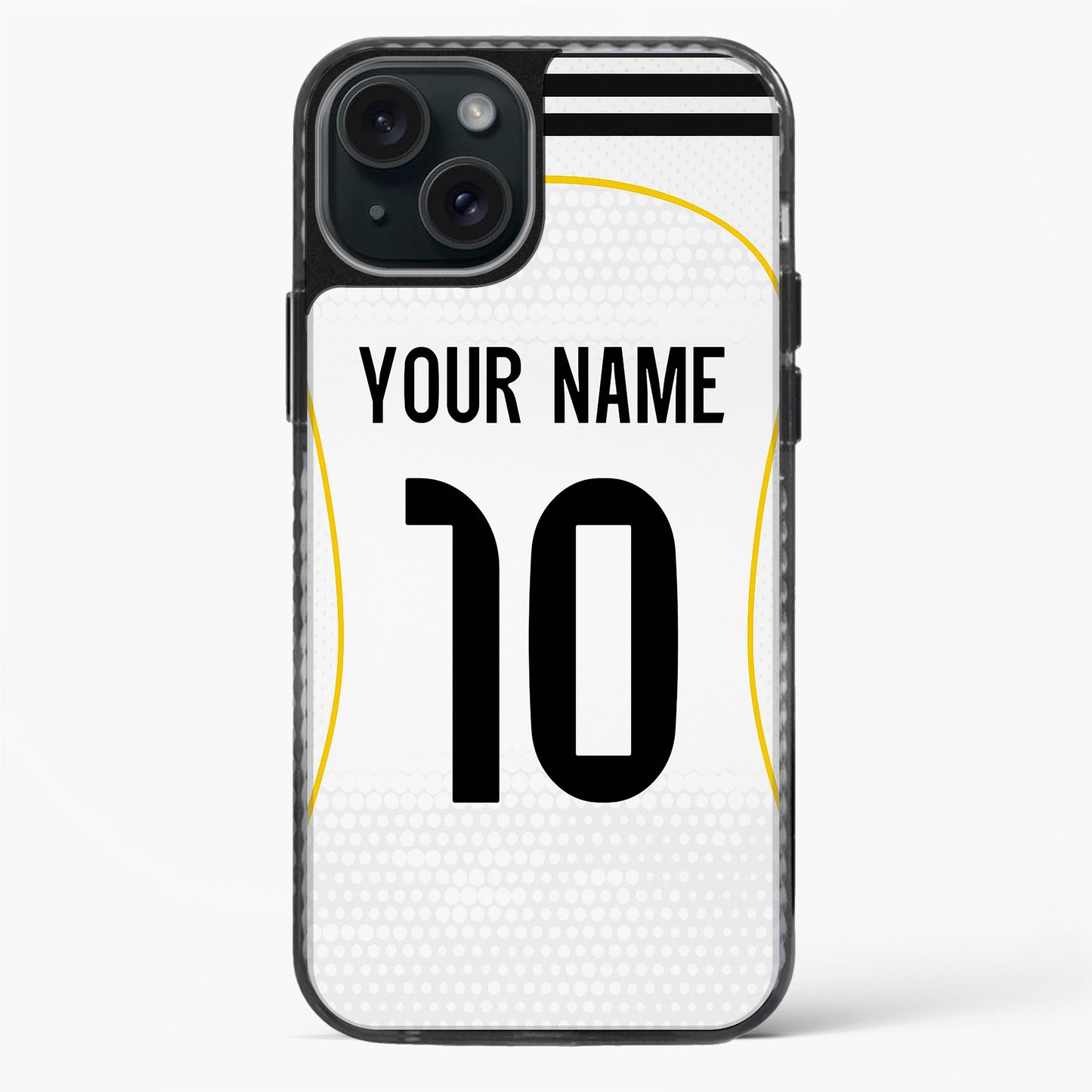 Phone case with customizable text on a white background