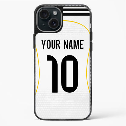 Phone case with customizable text on a white background