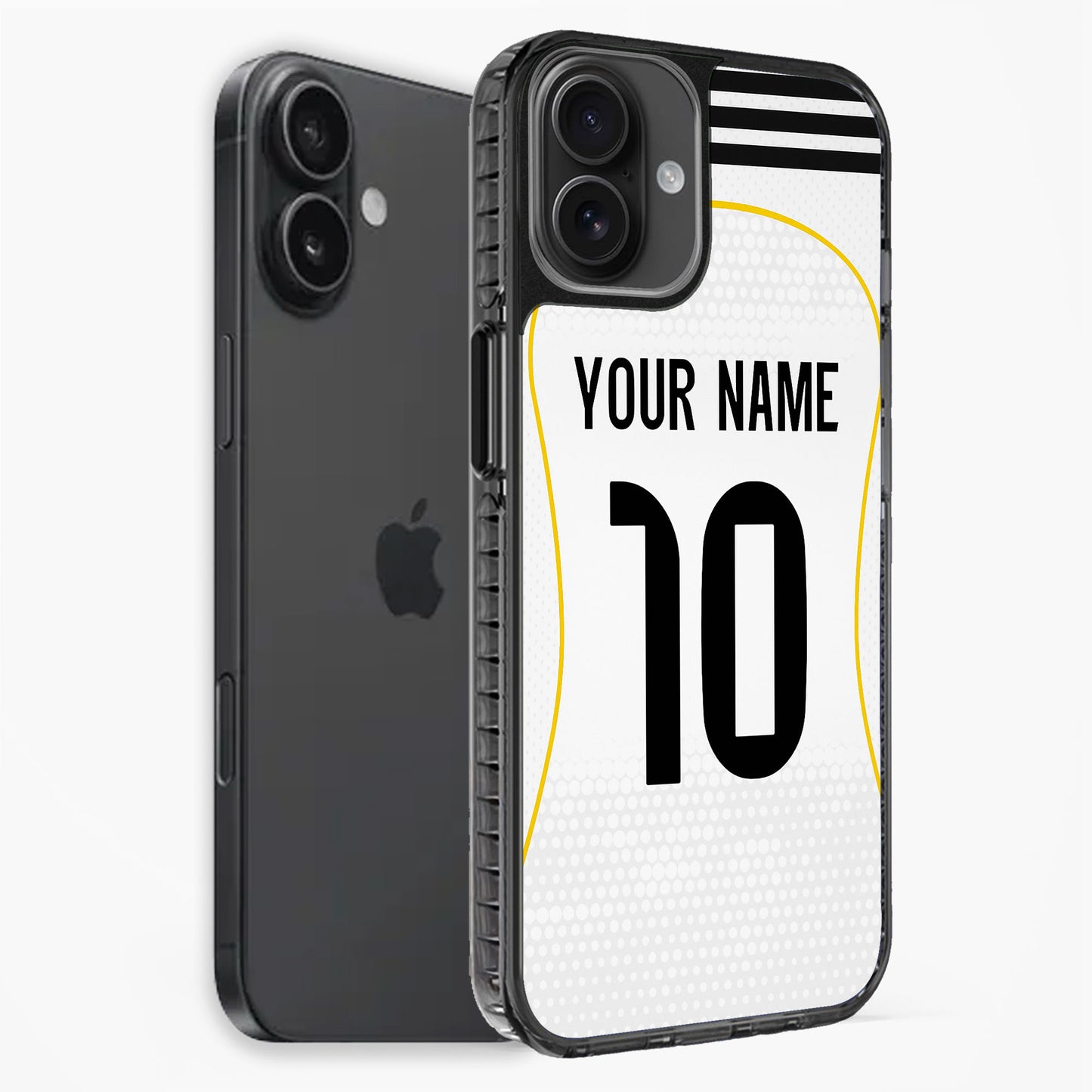 Phone case with customizable text on a white background