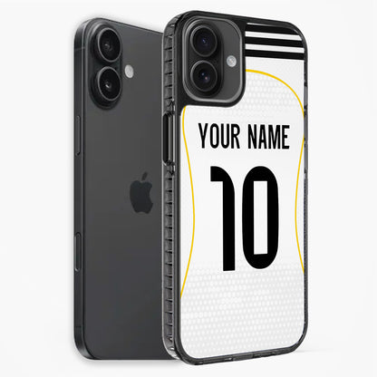 Phone case with customizable text on a white background