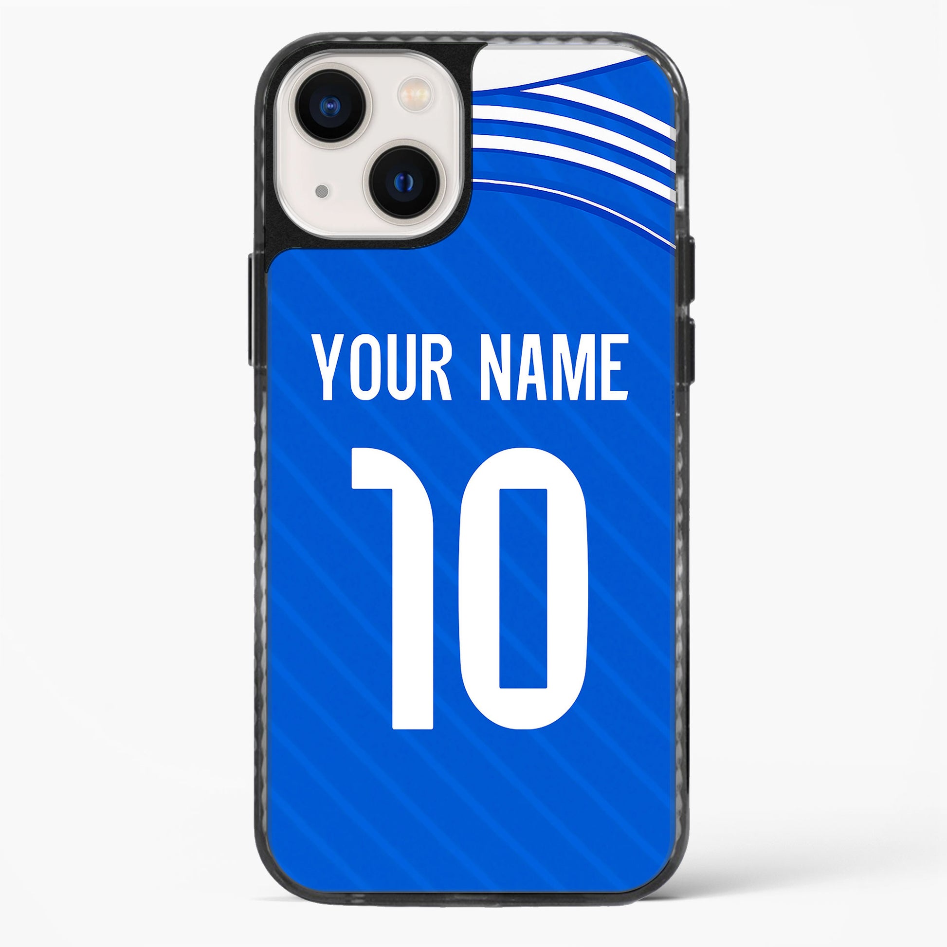 Blue phone case with white text and number, on a white background